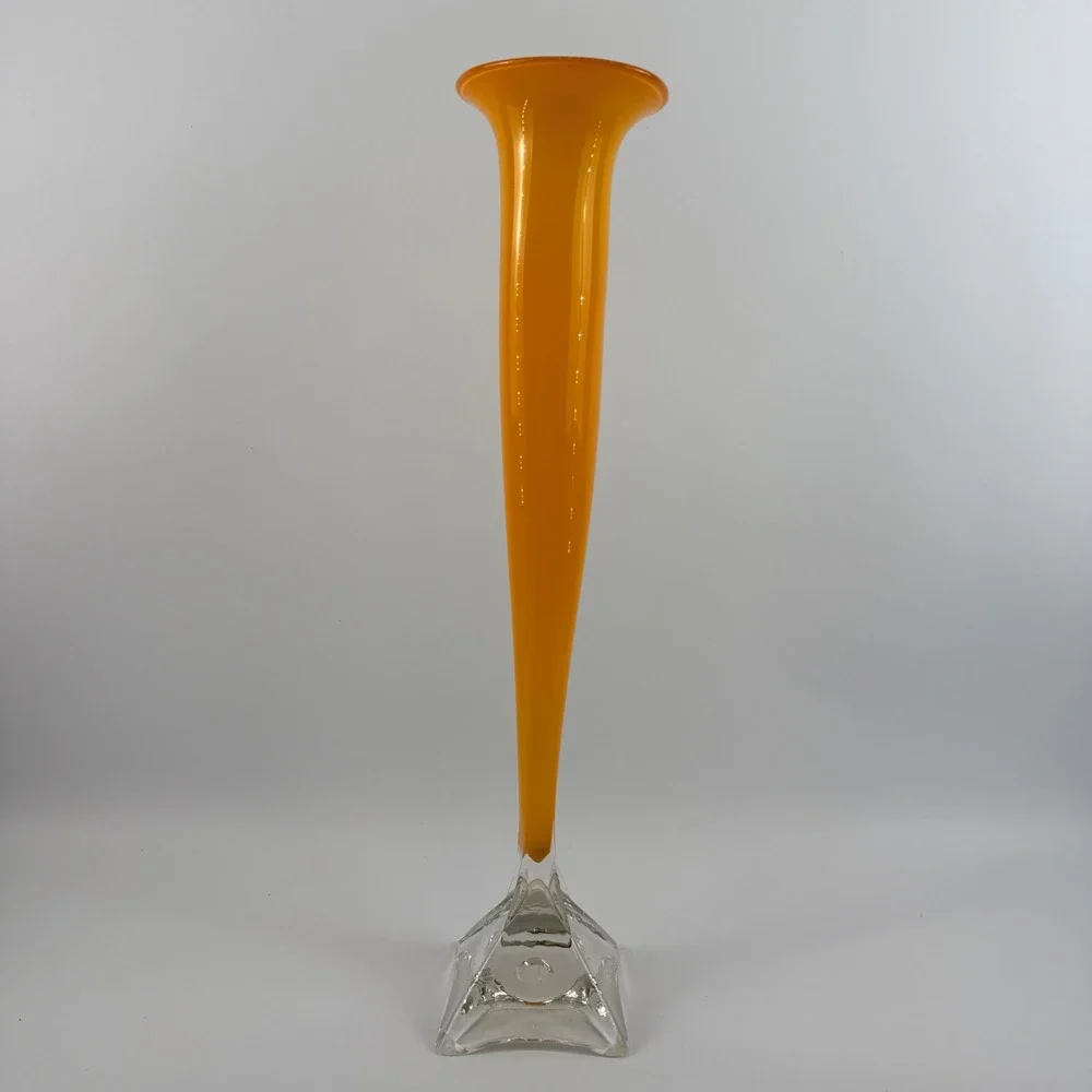 Willsea | O'Brien Orange Art Glass Trumpet Vase Signed Clear Crystal Base